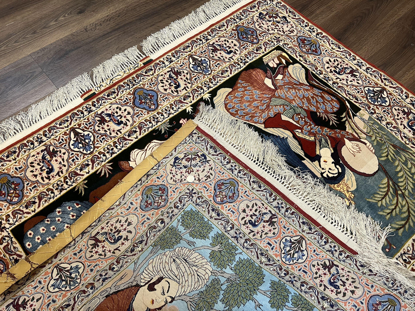 Persian Pictorial Rug Five By Four Feet Isfahan Kork Wool On Silk Foundation Master Weaver Signature Birds And Drums