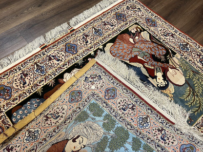 Persian Pictorial Rug Five By Four Feet Isfahan Kork Wool On Silk Foundation Master Weaver Signature Birds And Drums