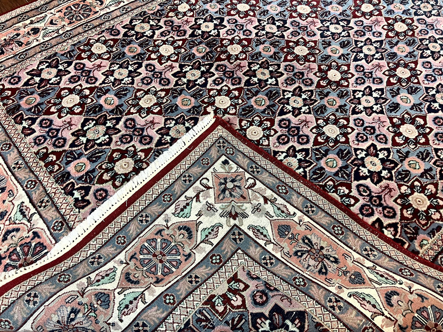 Indo Persian Rug 8x10 Handmade Vintage Wool Floral Allover Pattern Navy Ivory