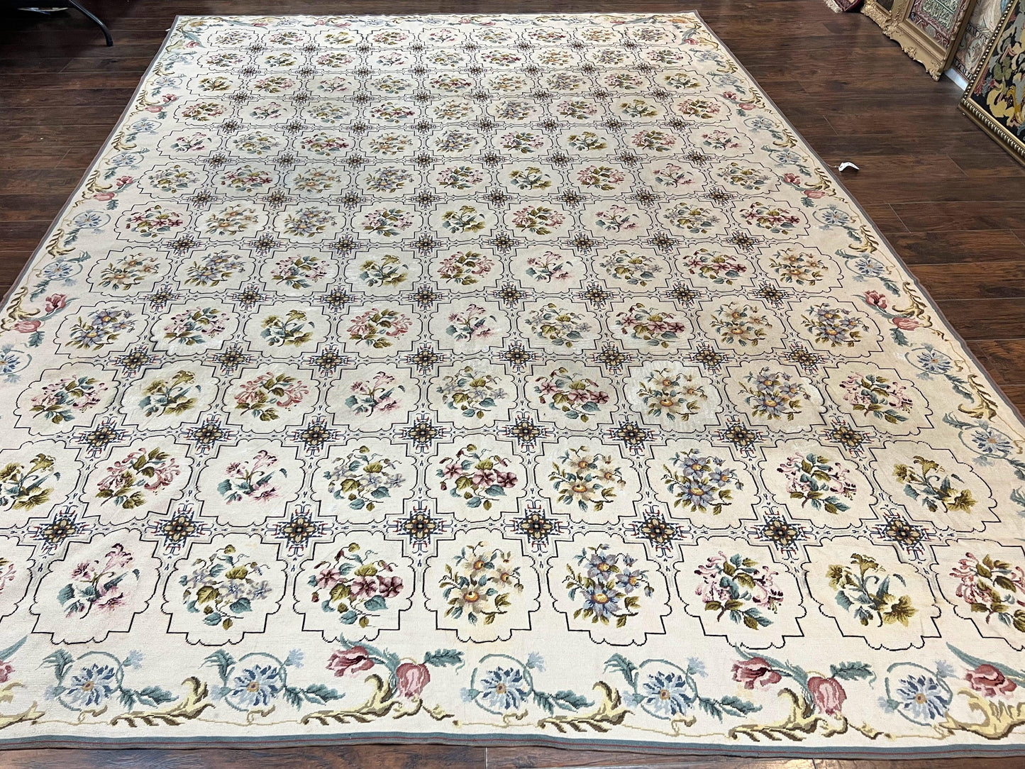 Needlepoint Rug 10x14 Wool Handmade Vintage Floral Panel Ivory Cream
