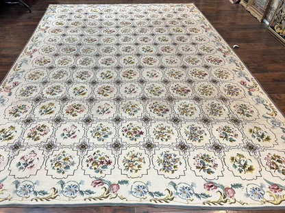Needlepoint Rug 10x14 Wool Handmade Vintage Floral Panel Ivory Cream