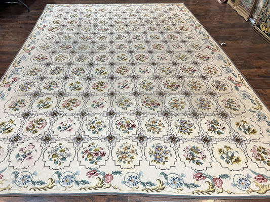 Needlepoint Rug 10x14 Wool Handmade Vintage Floral Panel Ivory Cream