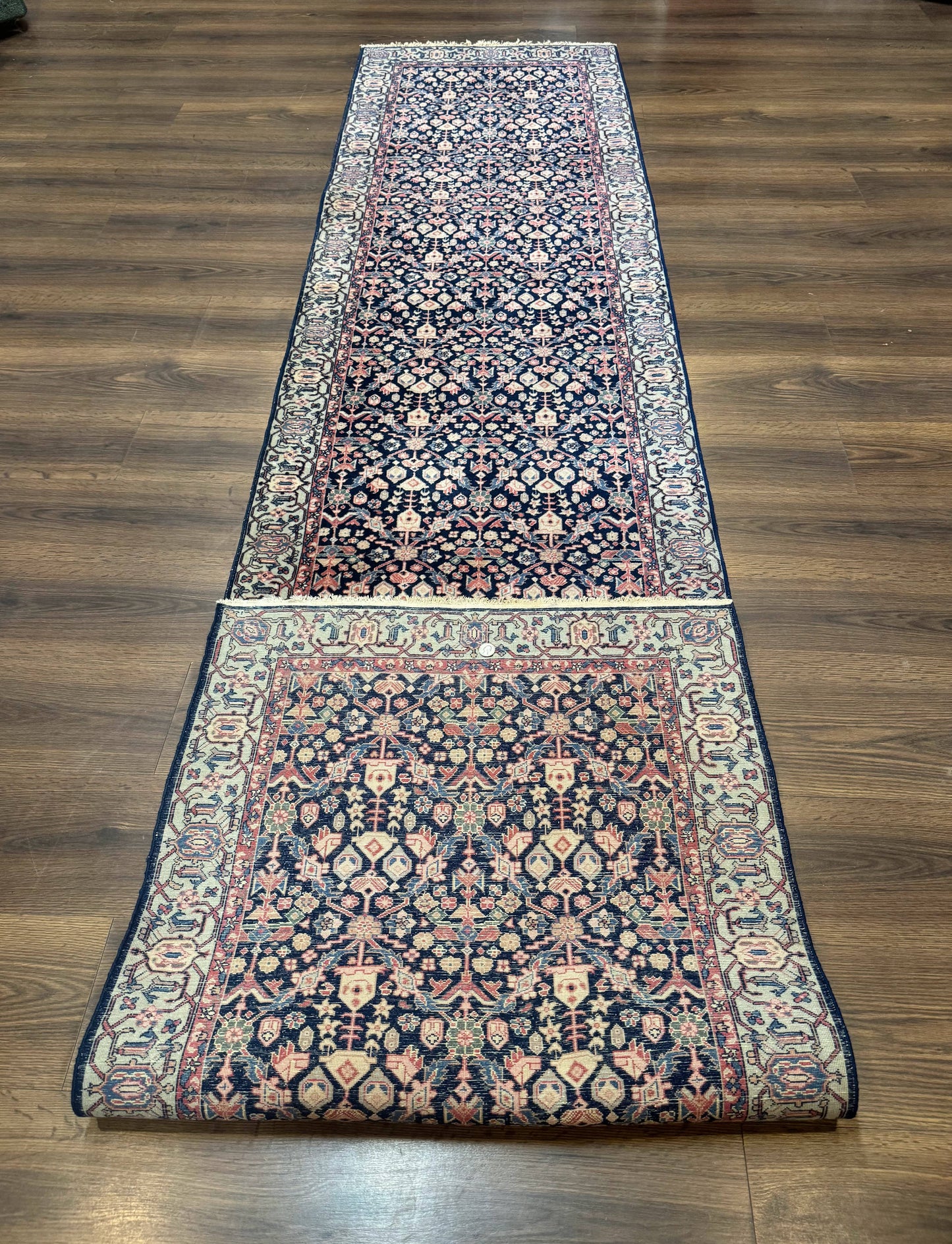 Indo Persian Runner Rug 2.8x12 Navy Floral Hand Knotted Wool Fine 270 KPSI