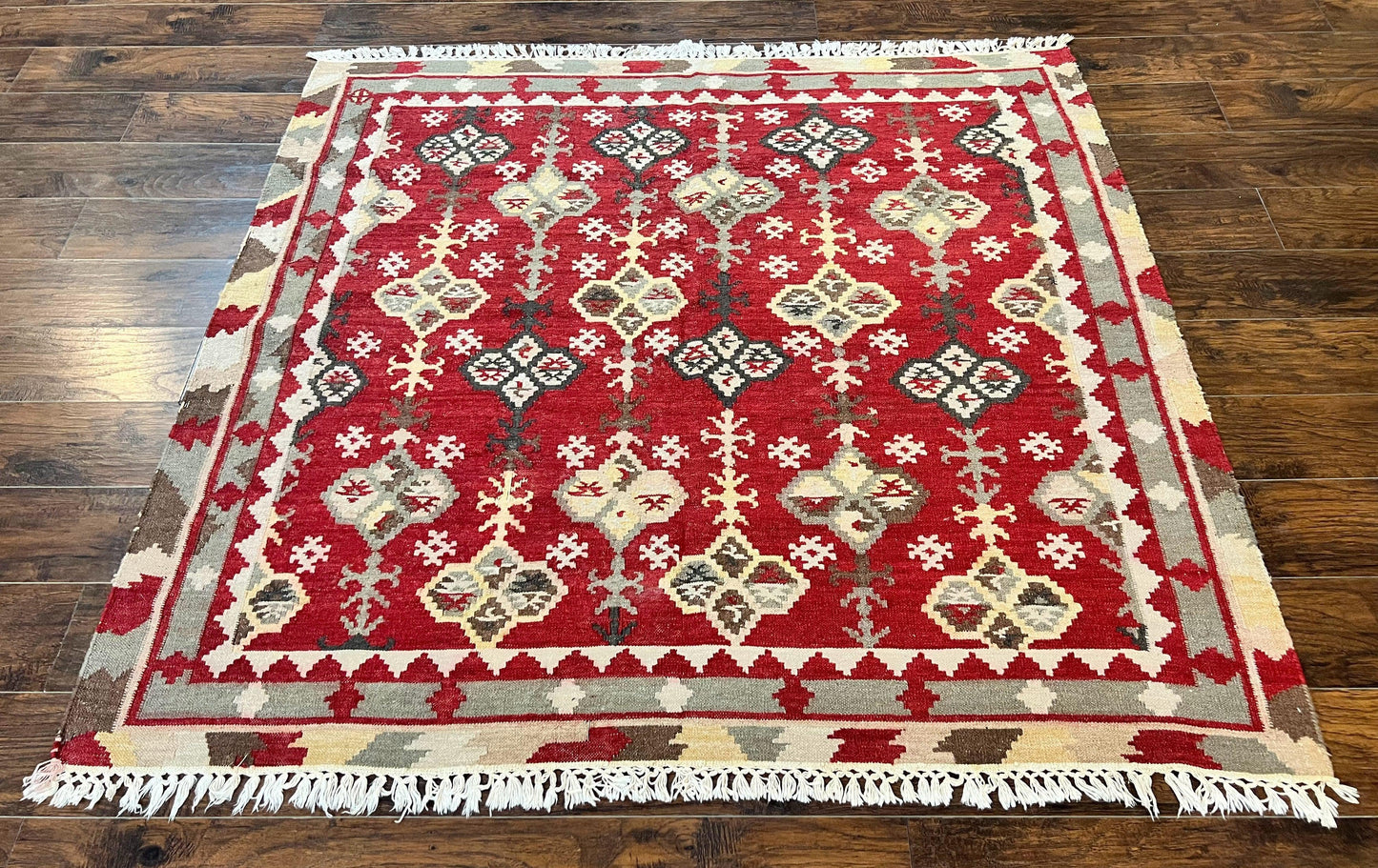 Indian Kilim Rug 6x6 Square Flatweave Wool Carpet Vintage Handmade Red