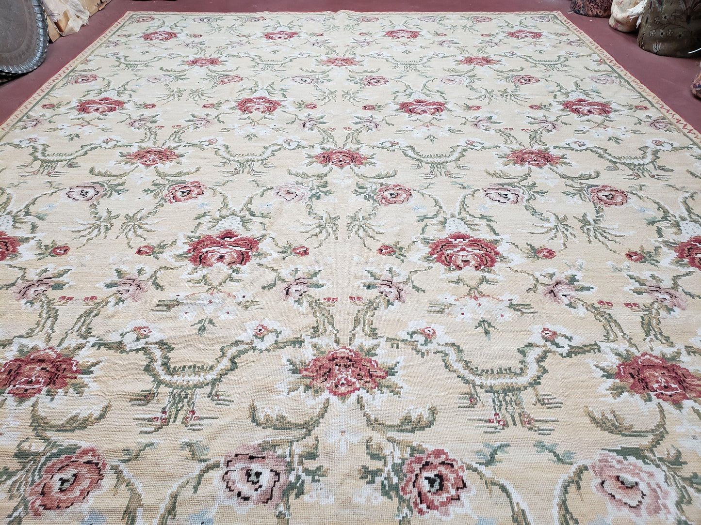 Needlepoint Rug 10x14 Wool Flatweave With English Floral Pattern In Pale Yellow Roses Handmade