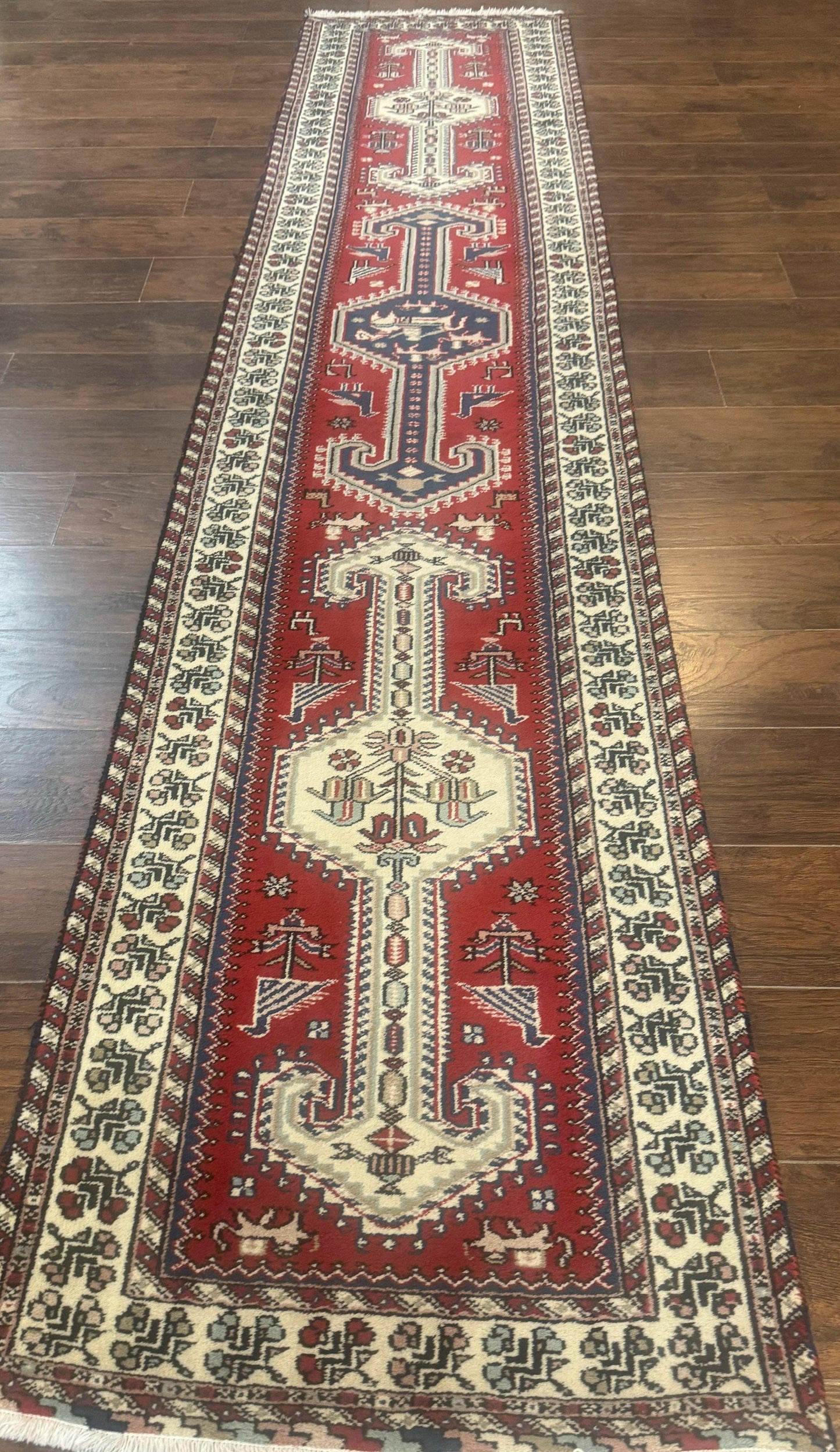 Indo Persian Runner Rug Vintage Handmade Wool Geometric Tribal Design