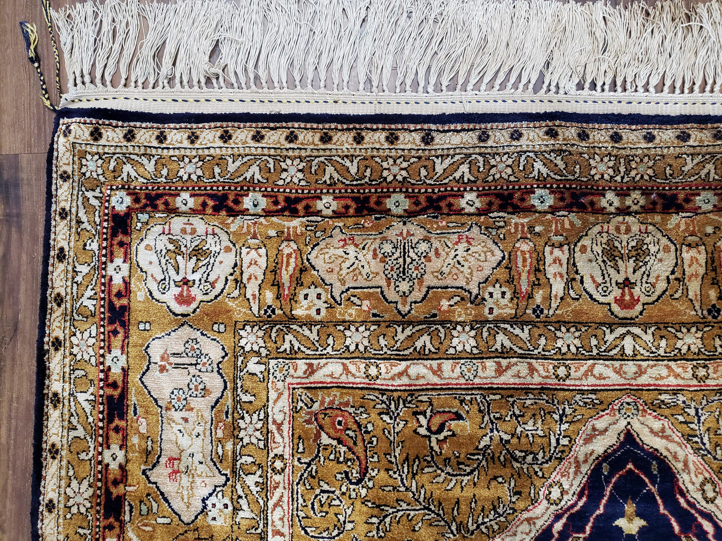 Persian Qum Silk Prayer Rug Hand Knotted 3ft 6in by 5ft Semi Antique