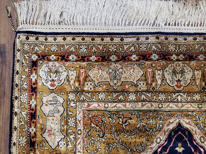Persian Qum Silk Prayer Rug Hand Knotted 3ft 6in by 5ft Semi Antique