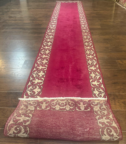 Red Persian Kerman Runner Rug 3x16 Handmade Wool Vintage Hand Knotted