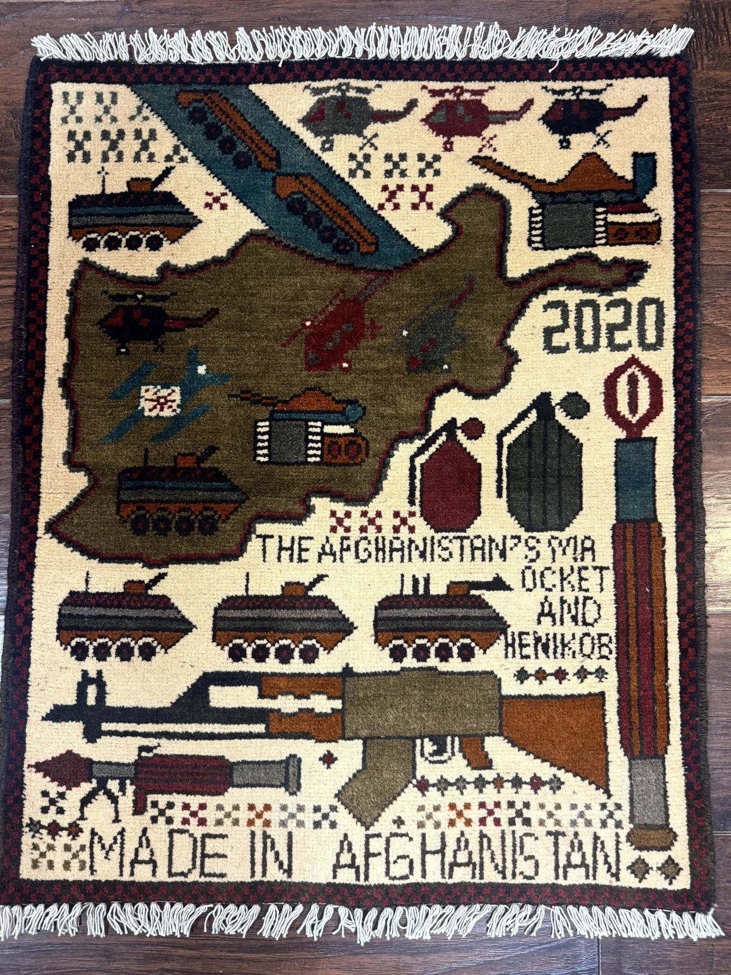 Afghan War Rug Handmade Wool With Helicopters And Tanks Decor