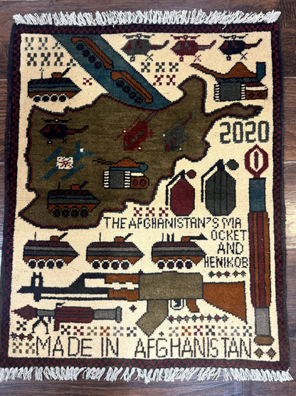 Afghan War Rug Handmade Wool With Helicopters And Tanks Decor