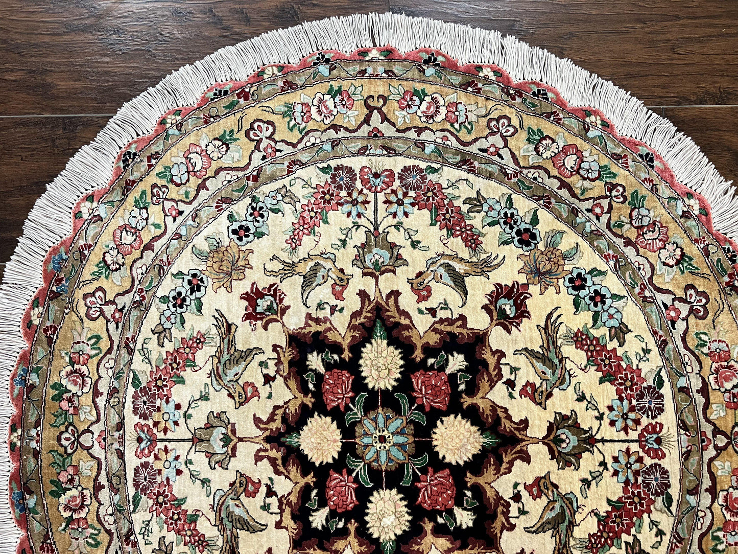 Silk Persian Tabriz Round Rug 3x3 Ft Hand Knotted Carpet Cream Gold Floral Birds