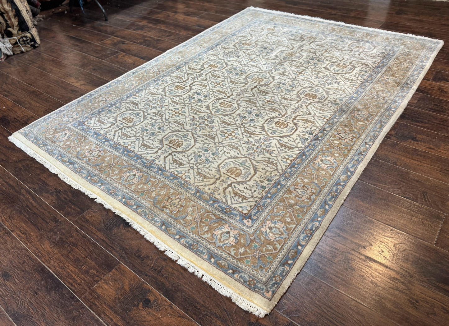 Indo Persian Rug 6x9 Beige Vintage Hand Knotted Wool Oriental Carpet