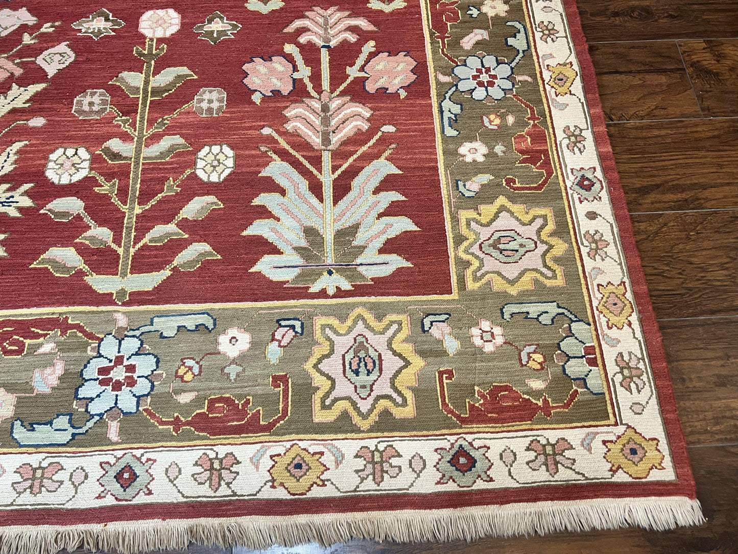 Wool Hand Knotted Indian Rug 10x14 Tree of Life Red Green Contemporary Carpet