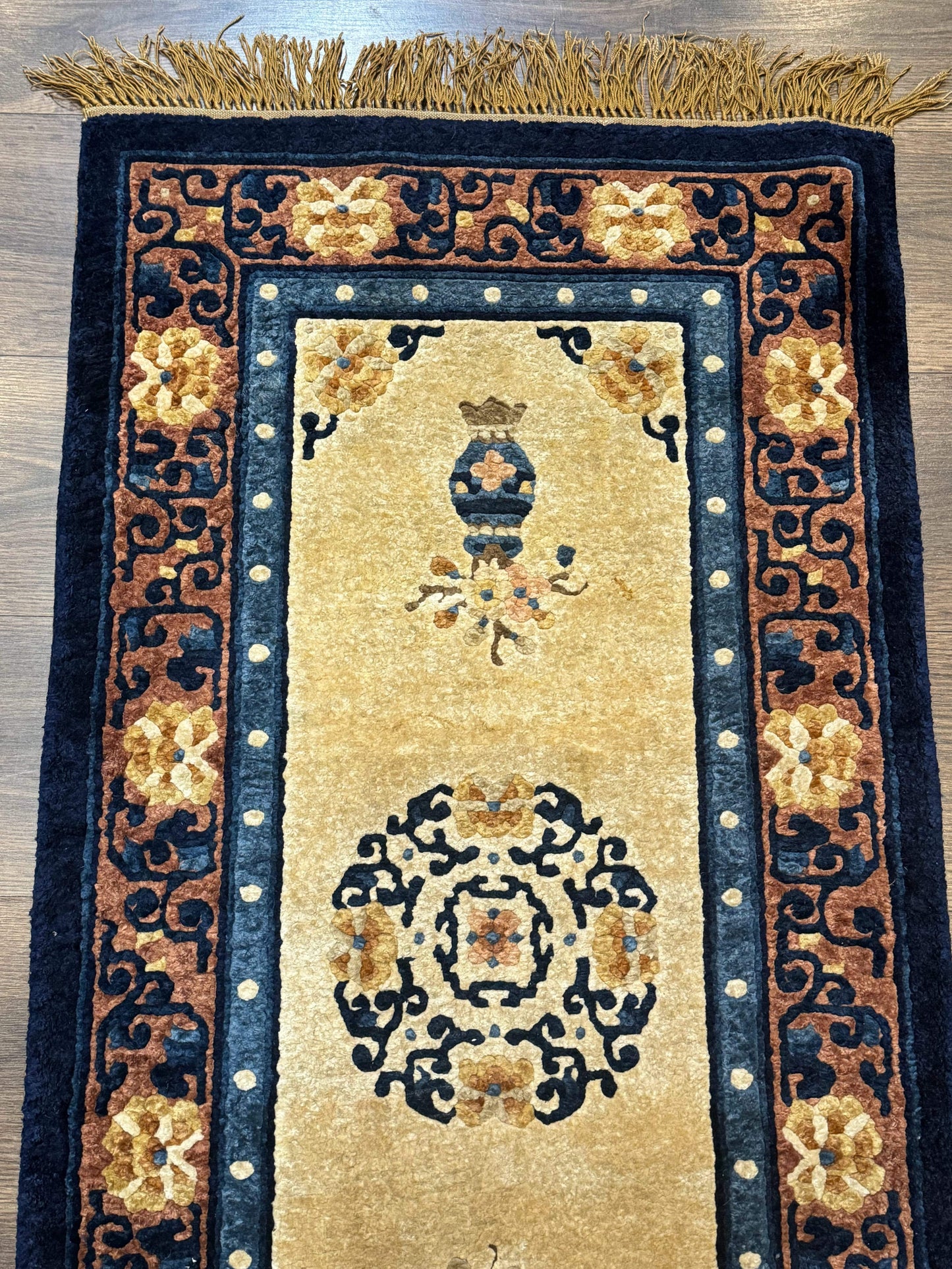 Silk Chinese Rug 2x4 Hand Knotted Peking Carpet In Golden Beige And Blue