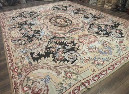 Elegant Aubusson Needlepoint Rug 10x14 Wool Floral European Design