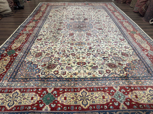 Persian Mashad Rug 10x16 Handmade Wool Carpet Cream Red Floral Medallion Vintage