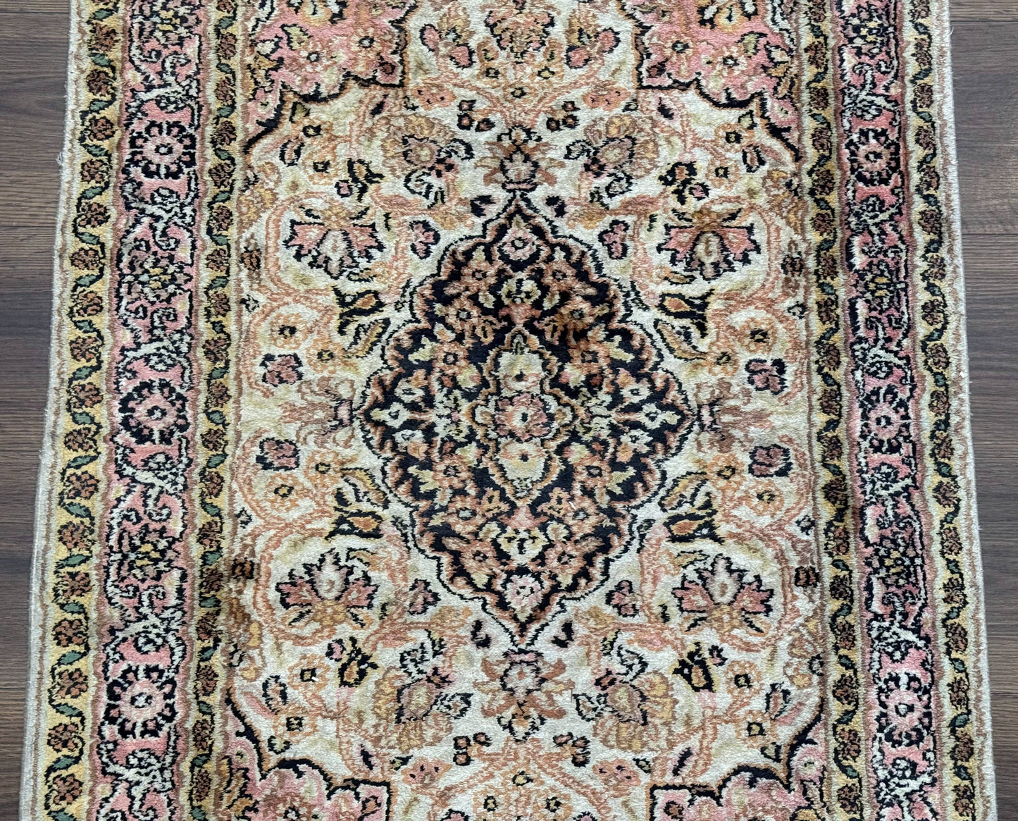 Silk Indian Kashmiri Runner Rug 2.7 X 9.8 Hand Knotted Floral Medallions