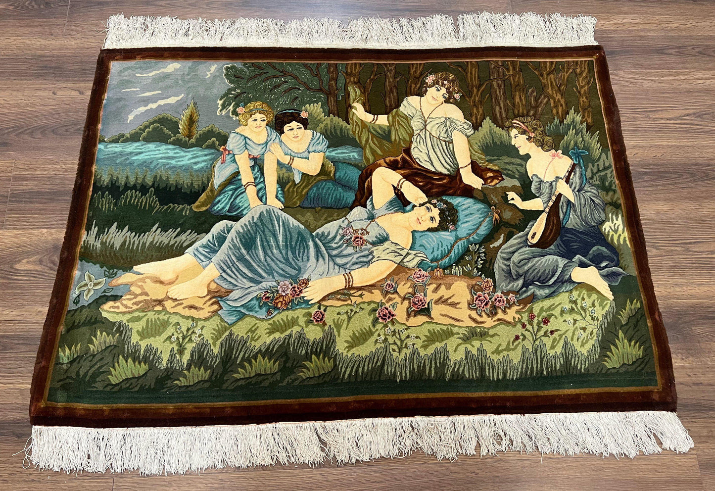 Persian Tabriz Pictorial Rug Hand Knotted Wool Rug 5x3 Vintage Semi Antique Oriental Carpet