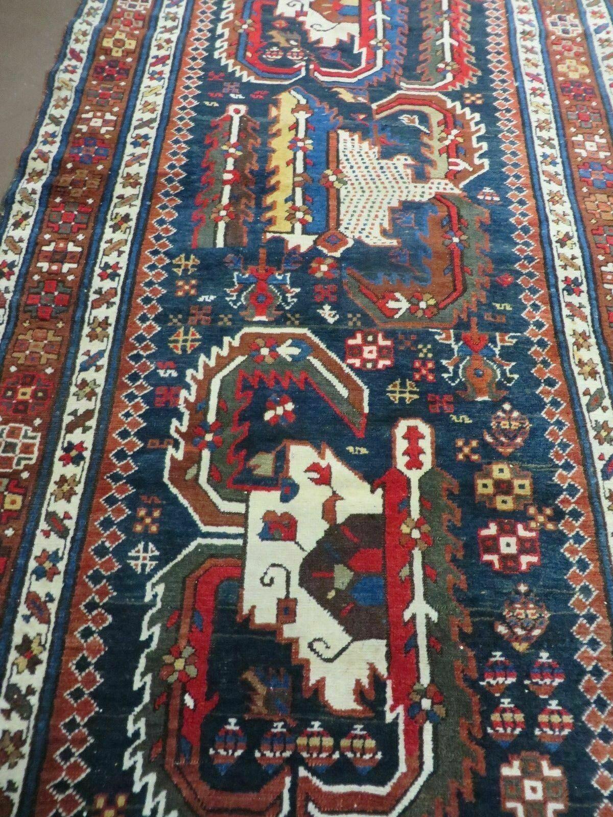 Antique Handmade Caucasian Wool Rug 3 Ft 7 In By 13 Ft 10 In Natural Dyes