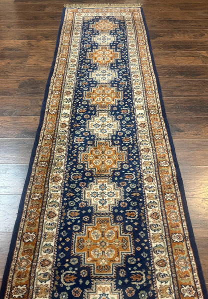 Indo Persian Kashmiri Wool Runner Rug 2.6x12.7 Navy Blue Geometric Medallions Handmade