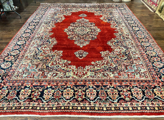 Persian Sarouk Rug 11x14 Handmade Wool Floral Red And Blue Semi Antique