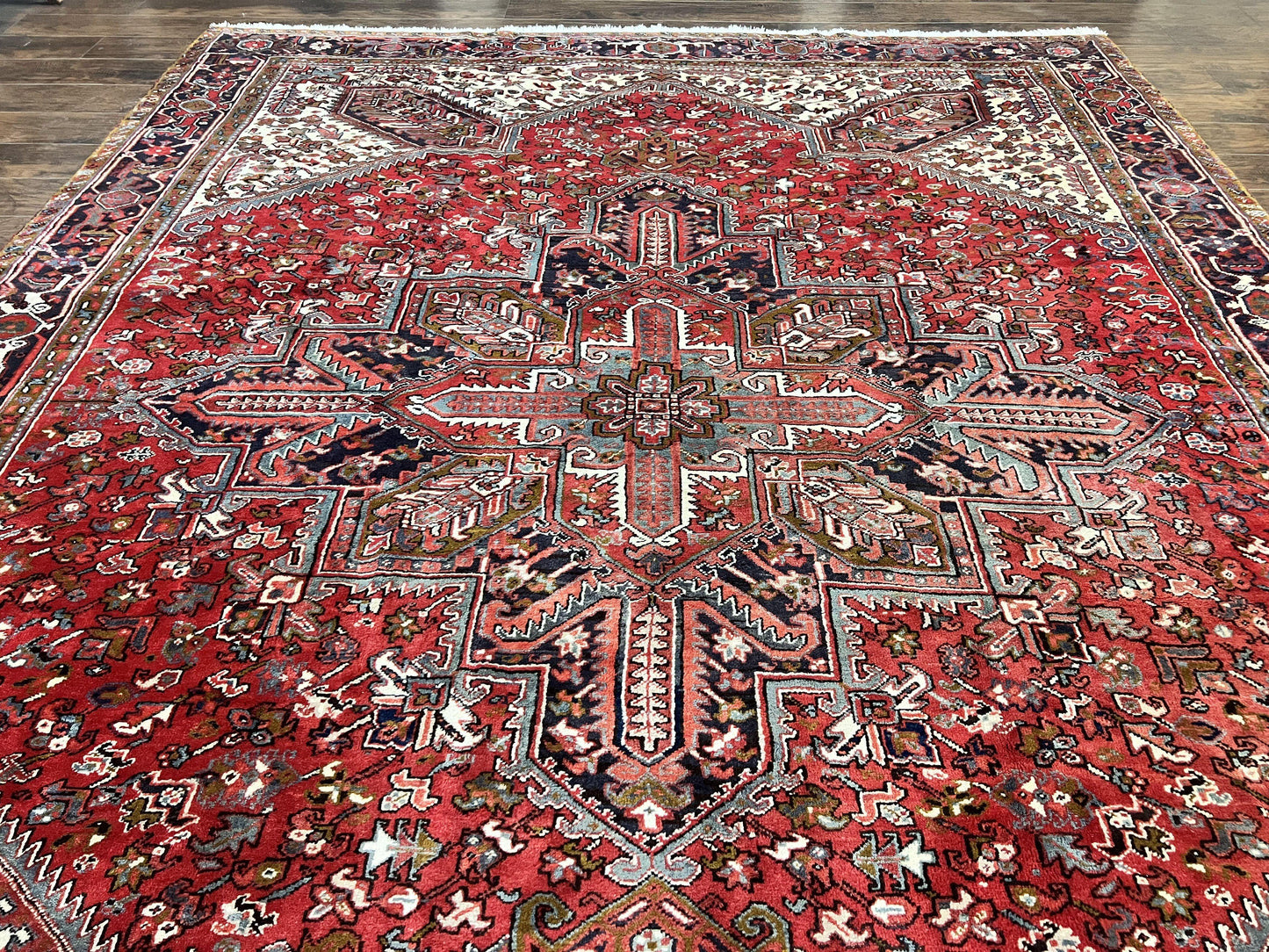 Persian Heriz Rug 10x13 Wool Hand Knotted Antique Carpet Red Ivory Geometric Tribal