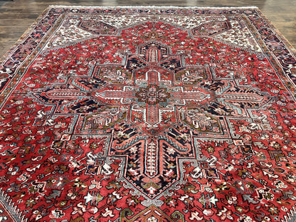 Persian Heriz Rug 10x13 Wool Hand Knotted Antique Carpet Red Ivory Geometric Tribal