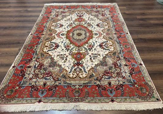 Persian Tabriz Rug 5x7 Ivory and Coral Medallion Fine 440 KPSI