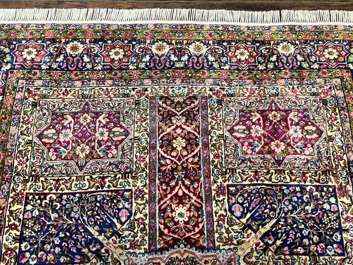 Persian Kirman Lavar Rug 8x9 Handmade Wool Carpet With Antique Floral Garden Panel Design