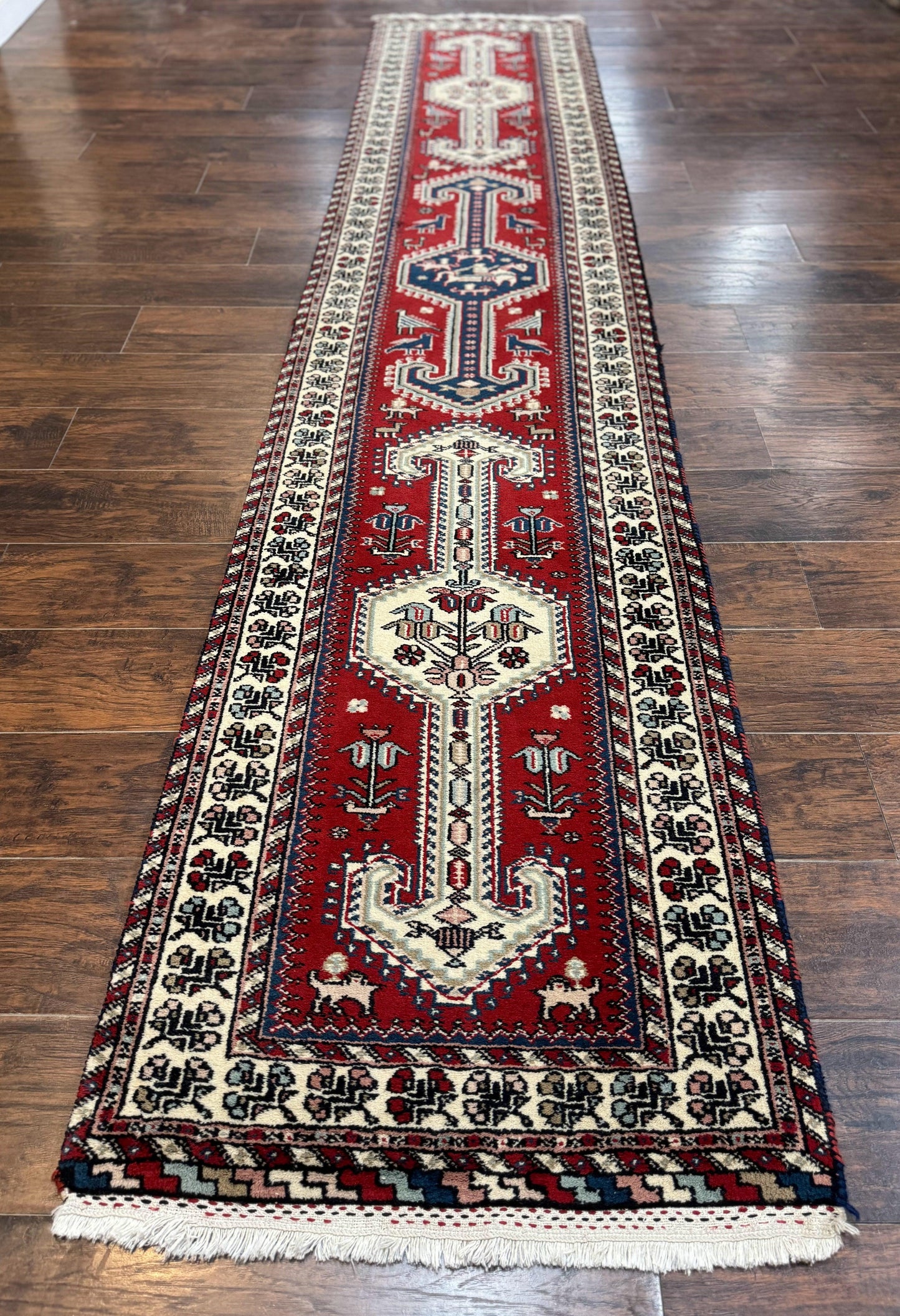 Indo Persian Runner Rug Vintage Handmade Wool Geometric Tribal Design