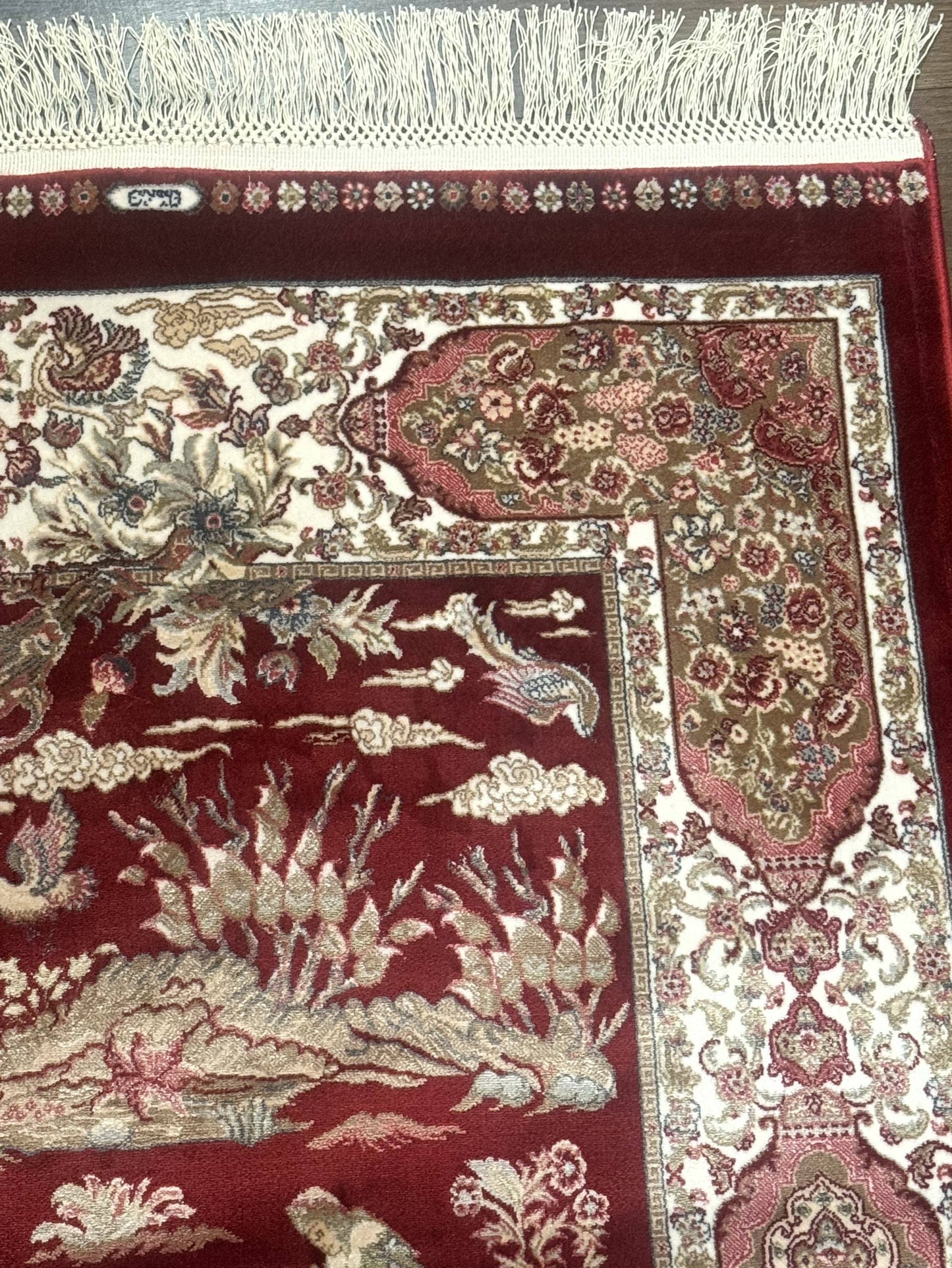 Turkish Silk Rug Runner 2.6 By 6.7 Red Ivory Hunting Design Bamboo Silk Contemporary