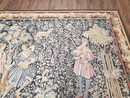 Vintage European Tapestry Aubusson Weave Wool Wall Hanging Courtship Scene Animals