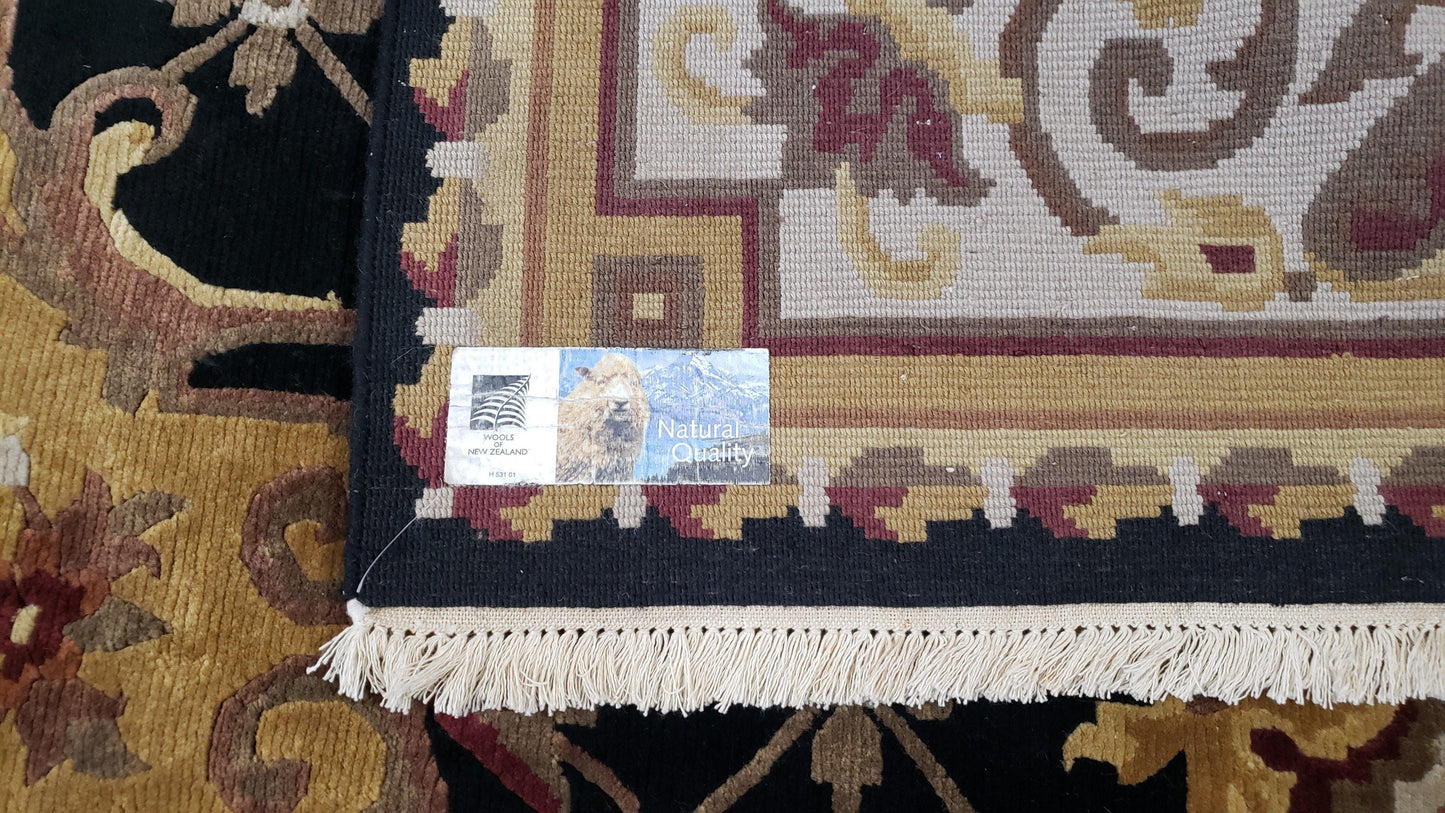 Aubusson Savonnerie Wool Rug 6x9 Hand Knotted Black Beige Nepalese Design