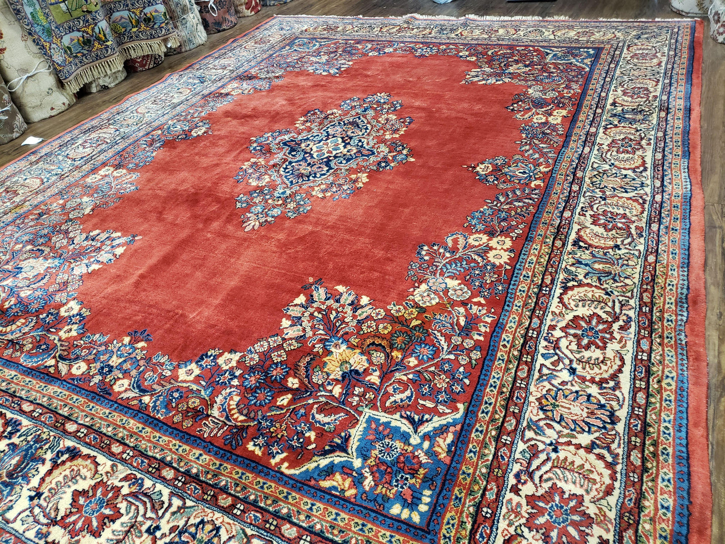 Semi Antique Persian Sarouk Rug 9x12 Hand Knotted Wool With Central Medallion Tomato Red