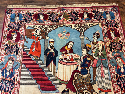 Persian Kashan Pictorial Rug 6x9 Hand Knotted Wool Wall Hanging King Bahram Hunting Scene Antique