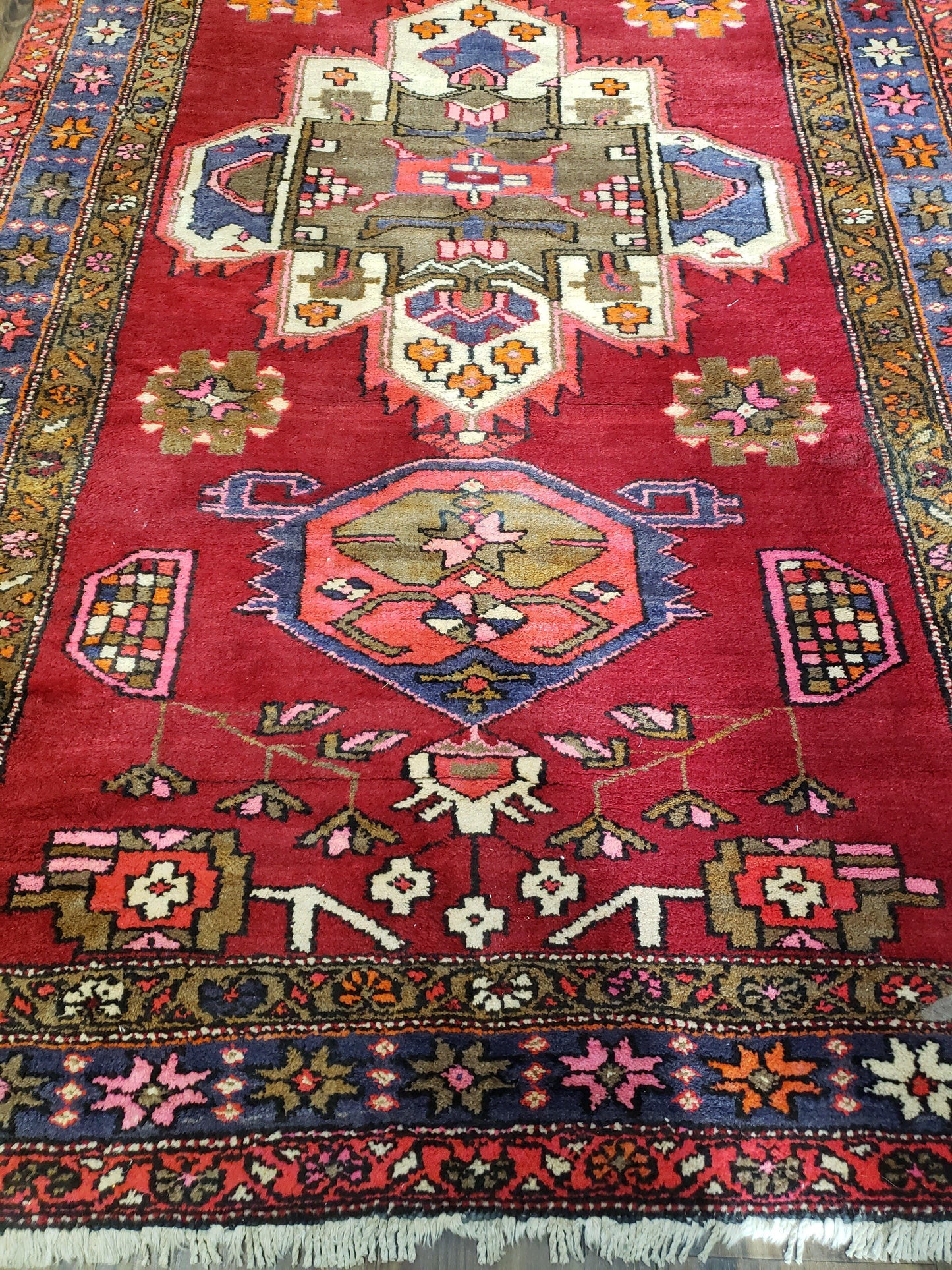 Persian Karajeh Runner Rug Antique Hand Knotted Wool 4.4 By 11 Ft Red Geometric Medallion