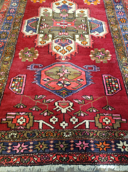 Persian Karajeh Runner Rug Antique Hand Knotted Wool 4.4 By 11 Ft Red Geometric Medallion