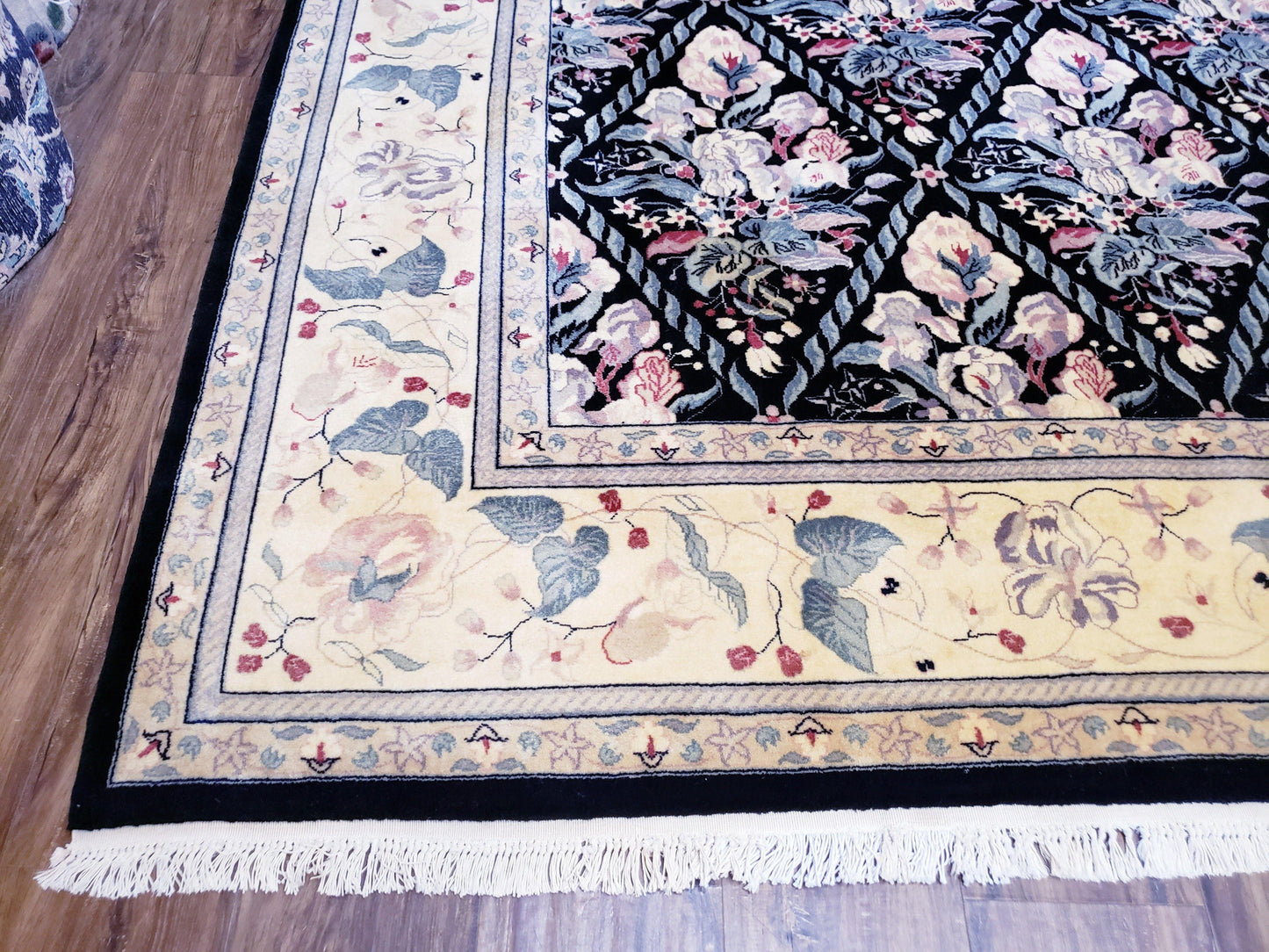 Black Kirman Rug Wool Handmade Floral Oriental Carpet 8x11 Room Size