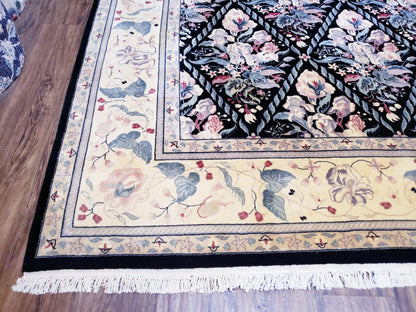 Black Kirman Rug Wool Handmade Floral Oriental Carpet 8x11 Room Size