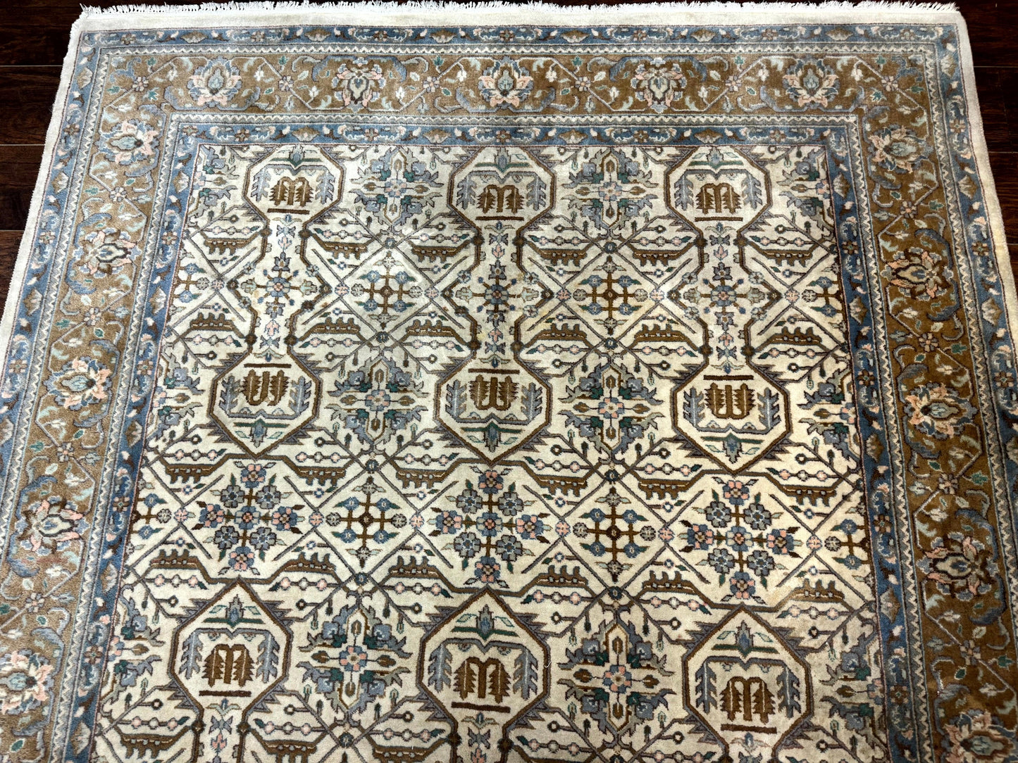 Indo Persian Rug 6x9 Beige Vintage Hand Knotted Wool Oriental Carpet