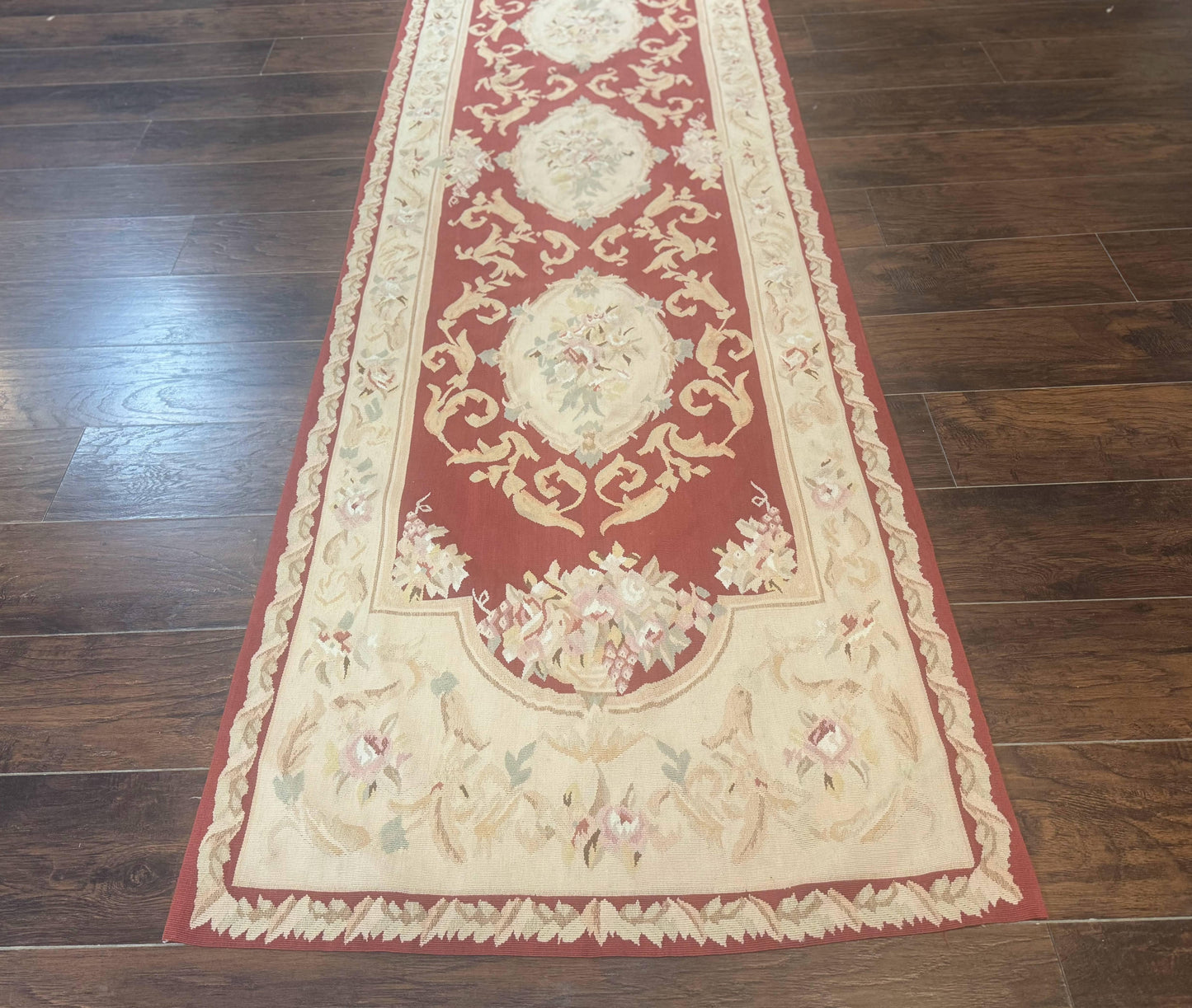 Aubusson Runner Rug 3x10 Handmade Wool European Design in Red and Beige