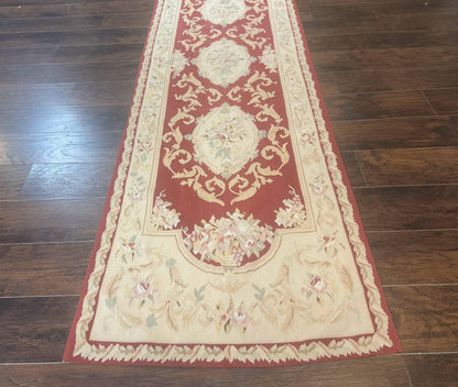 Aubusson Runner Rug 3x10 Handmade Wool European Design in Red and Beige