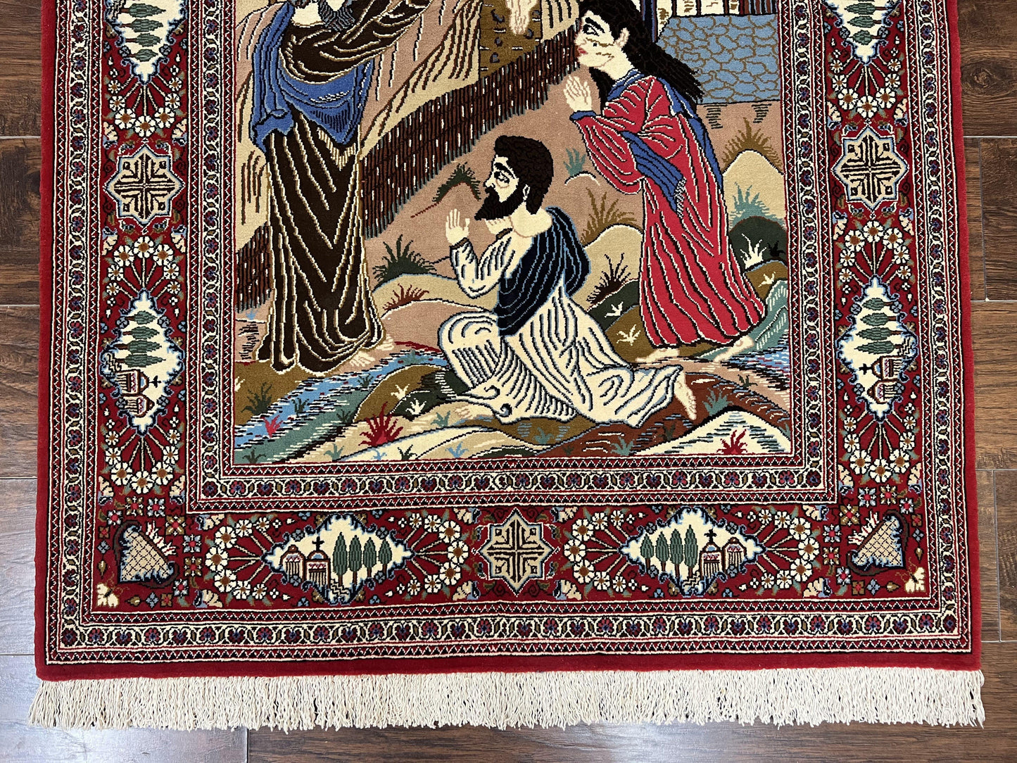 Persian Kashan Pictorial Rug 3x5 Jesus On Cross Handwoven Wool