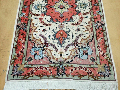 Vintage Persian Tabriz Wool Silk Rug Hand Knotted Medallion Ivory Salmon Light Blue