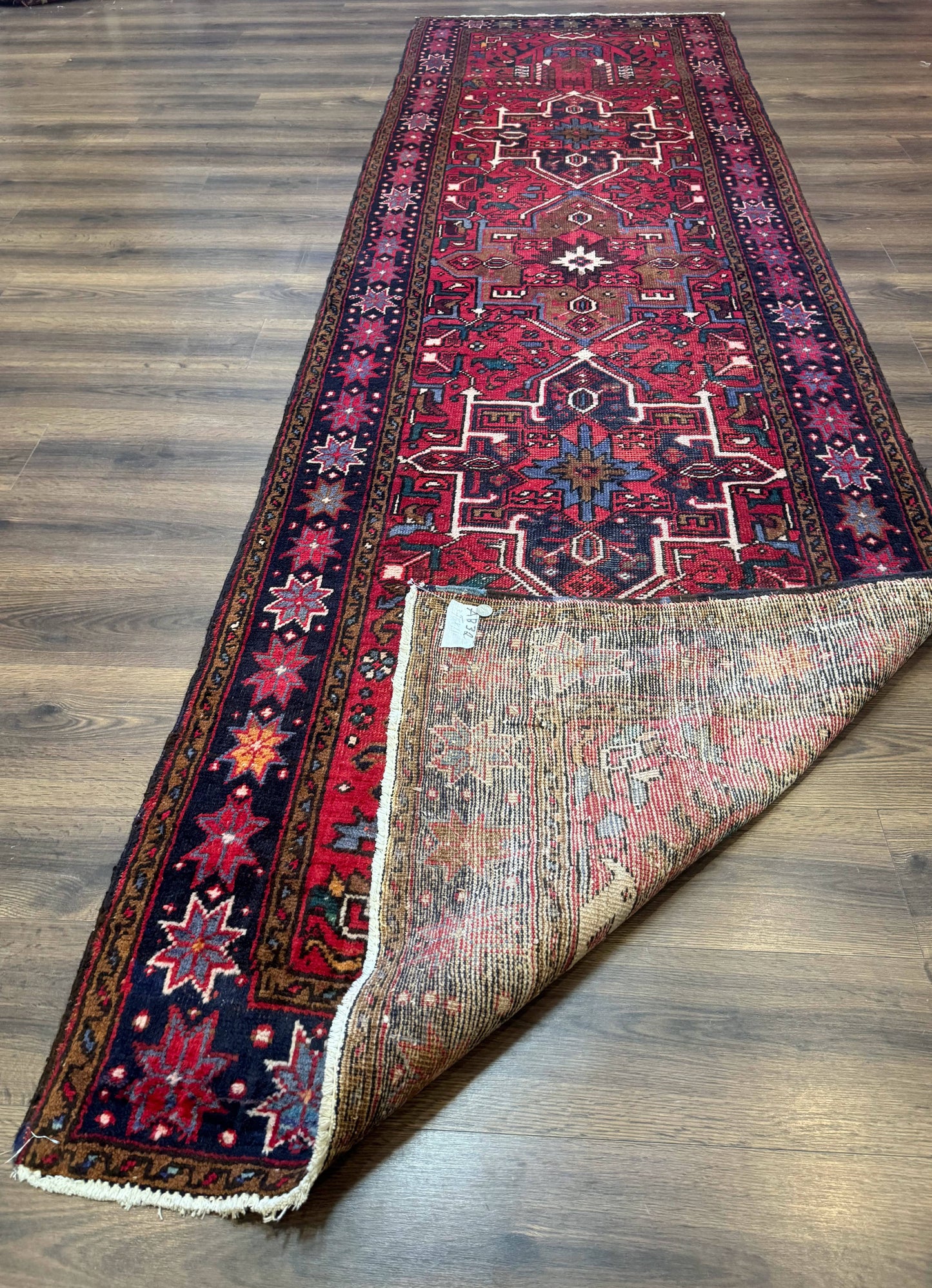 Persian Heriz Karajeh Runner Rug 3.7 x 12 ft Red Navy Geometric Medallions