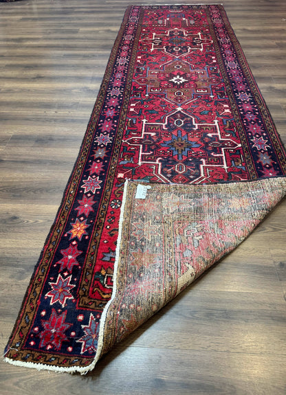 Persian Heriz Karajeh Runner Rug 3.7 x 12 ft Red Navy Geometric Medallions