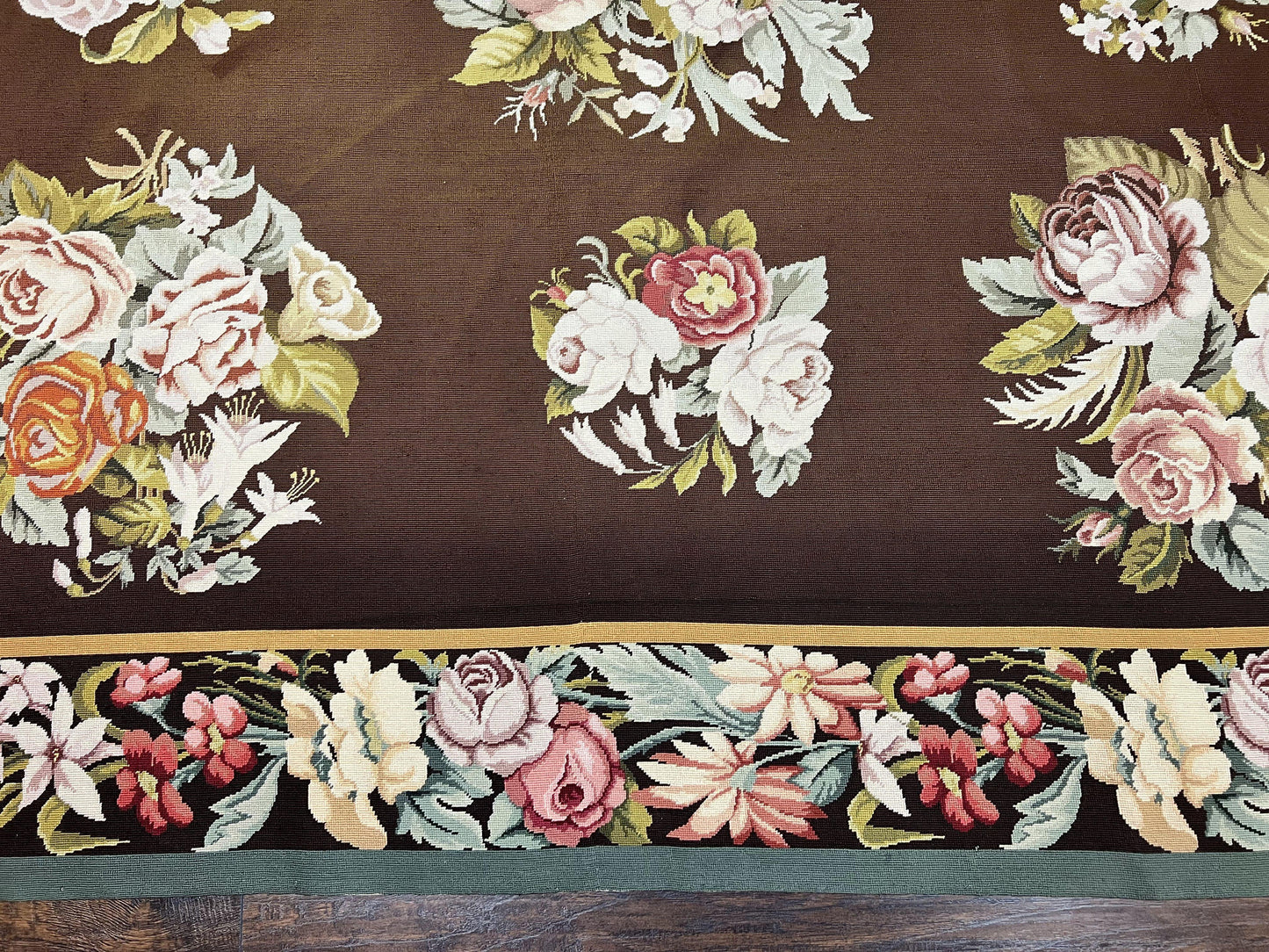 Vintage Needlepoint Rug 9x12 Handmade Wool Carpet With Floral Bouquets European Design