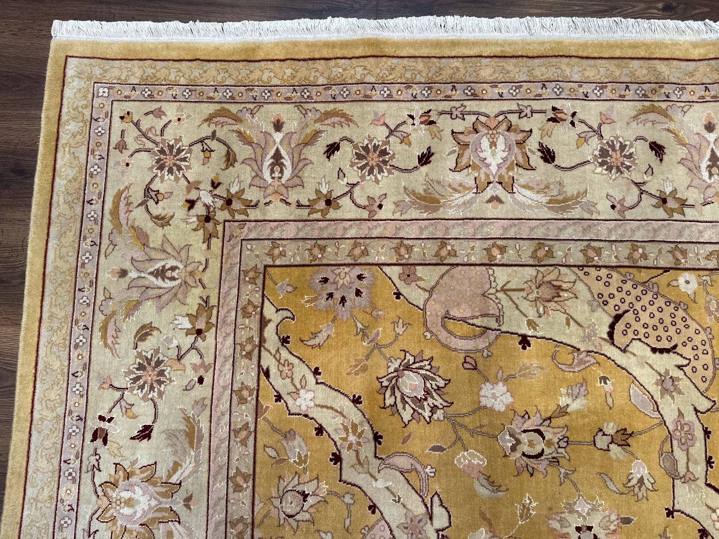 Sino Persian Rug 8x11 Handwoven Wool Silk Highlights Area Rug Gold And Light Green