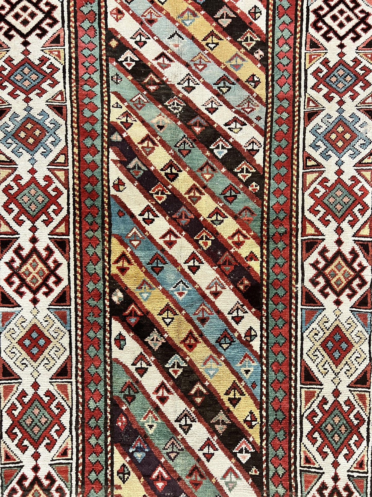 Caucasian Kazak Runner Rug Hand Knotted Wool Antique 1880s Ivory And Multicolor Striped Hallway Rug